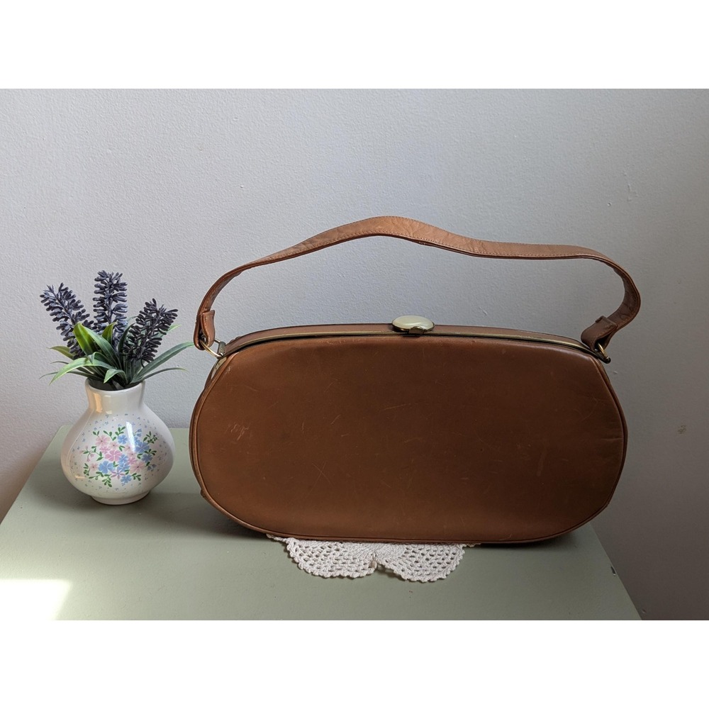 Vintage 1950s Normandie Montreal Brown Leather Handbag Pearl Clasp